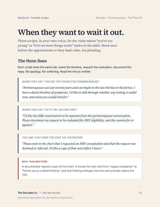 Provider scripts page from The Pivot Kit with three lines to read at an appointment.