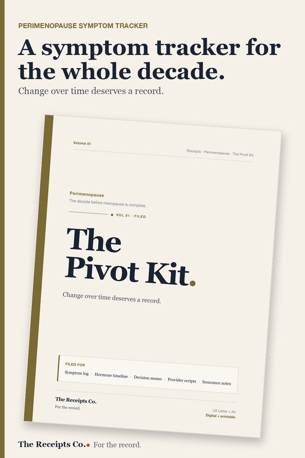 Pin graphic: A symptom tracker for the whole decade. The Pivot Kit pages on a cream background.